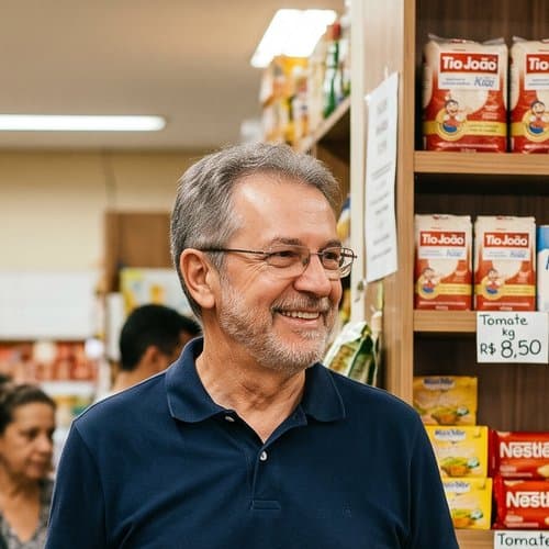 Senhor 60+ anos sorrindo, fazendo compras no mercado