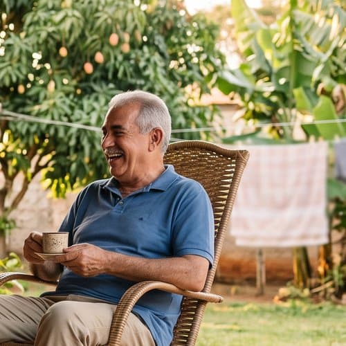 Senhor 65+ anos sorrindo, no quintal de casa com um neto