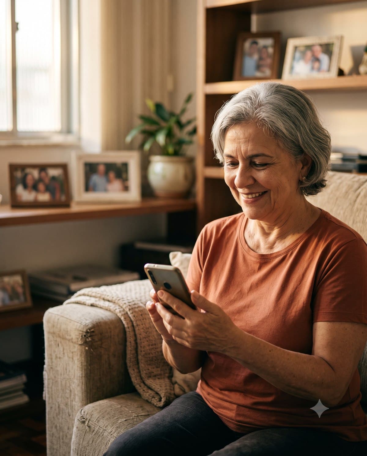 Senhora sorrindo olhando para o celular, sentada na sala de casa